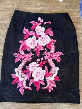 Black 100% Linen Skirt with Pink Floral & Dragon Embroidery Sz 14
